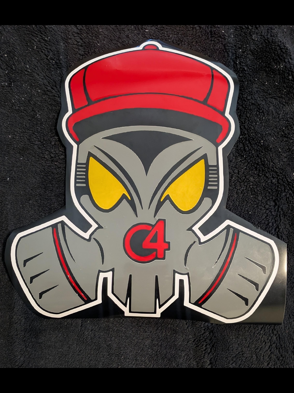 C4 Gas Mask Sticker - Gray, Red & Yellow Graphic Decal